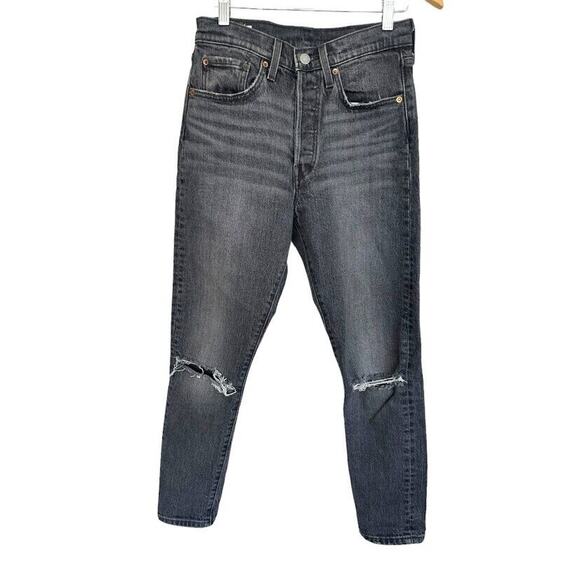 Levis Premium 501 Jeans Women 27x 28 Black Denim Button Fly Straight Distressed - Picture 1 of 12